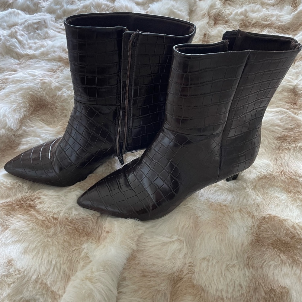 Dole Vita Croc-Embossed Pointed Toe Ankle Boots - Black